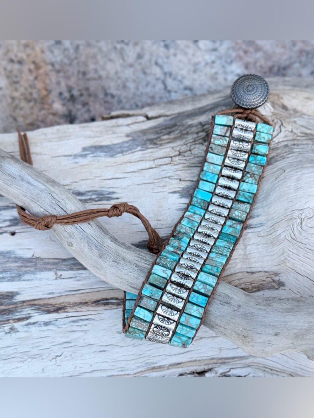 Turquoise Bead and Silver Accent Wrap Boho Stackable Bracelet